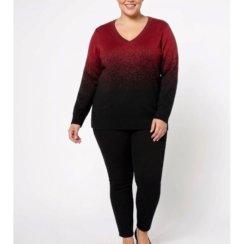 New Birch NY size 1X Red Black Ombre V‎ Neck Stretch Knit Long Sleeve Sweater